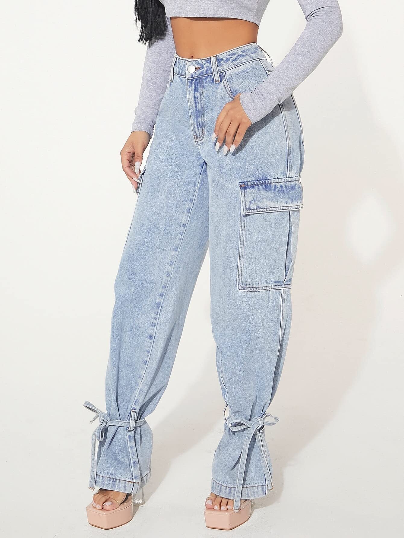 Women's Jeans Jeans for Women Flap Pocket Knot Detail Cargo Jeans